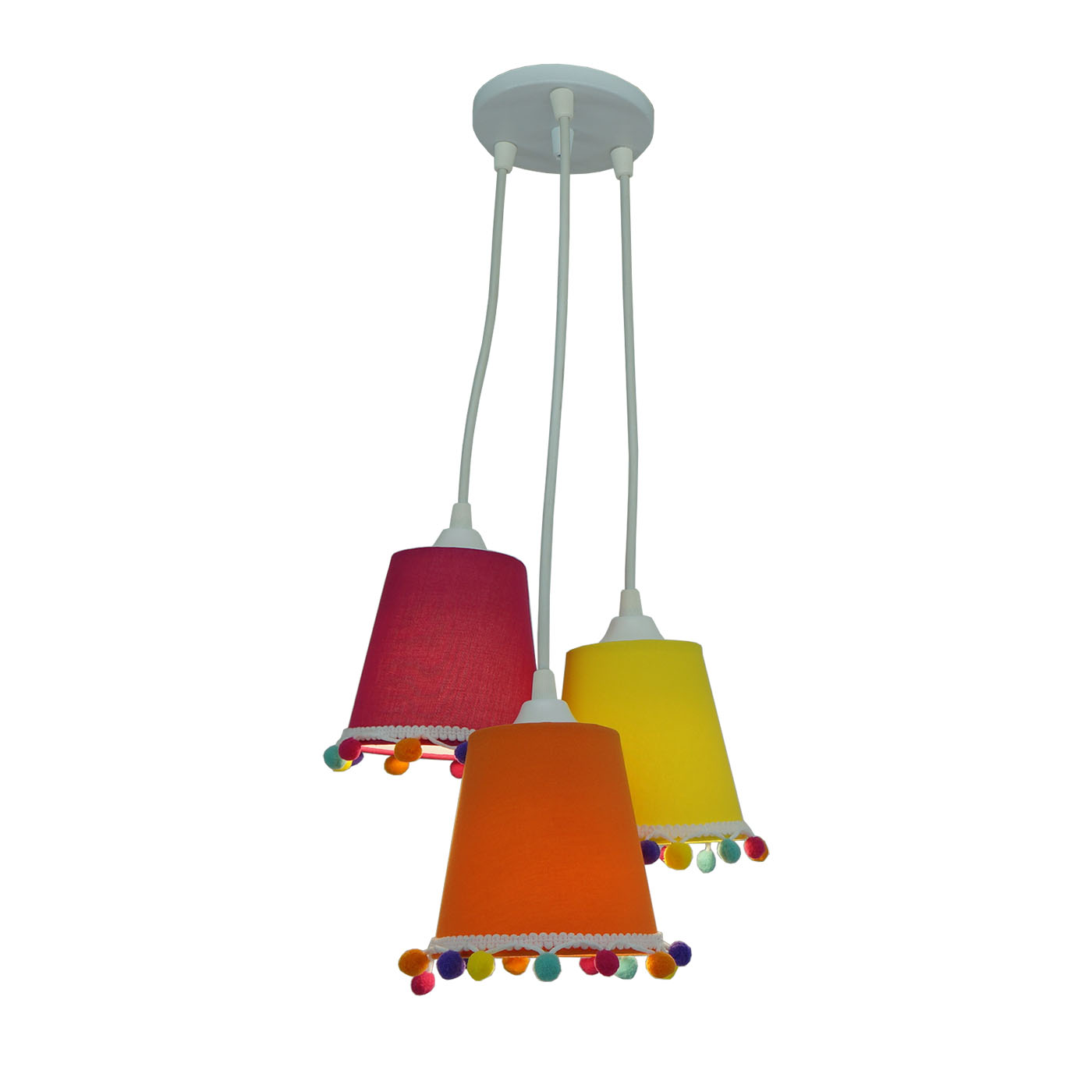 Lustre Pendente Cacho Triplo Pompons Coloridos
