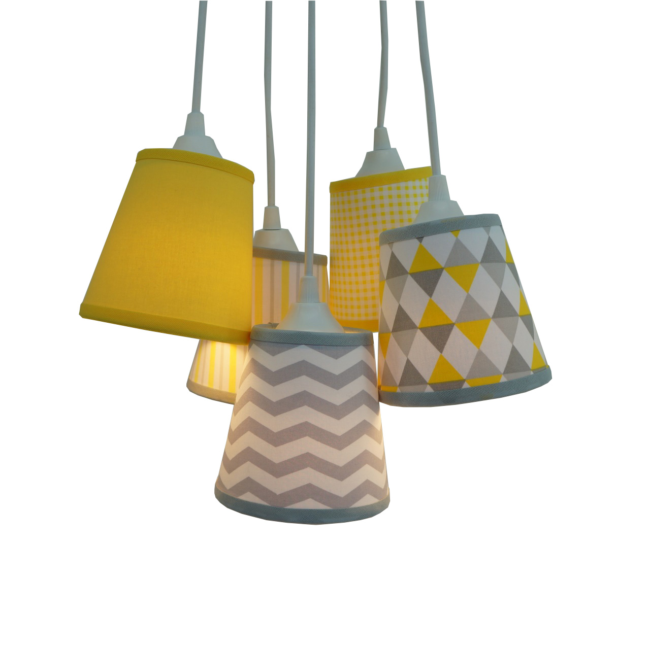 Lustre Pendente Cacho em Tecido Geométrico Amarelo e Cinza