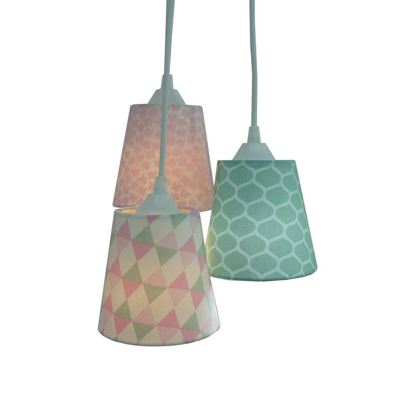 Lustre Pendente Infantil Colmeia e Triângulos Verde e Rosa