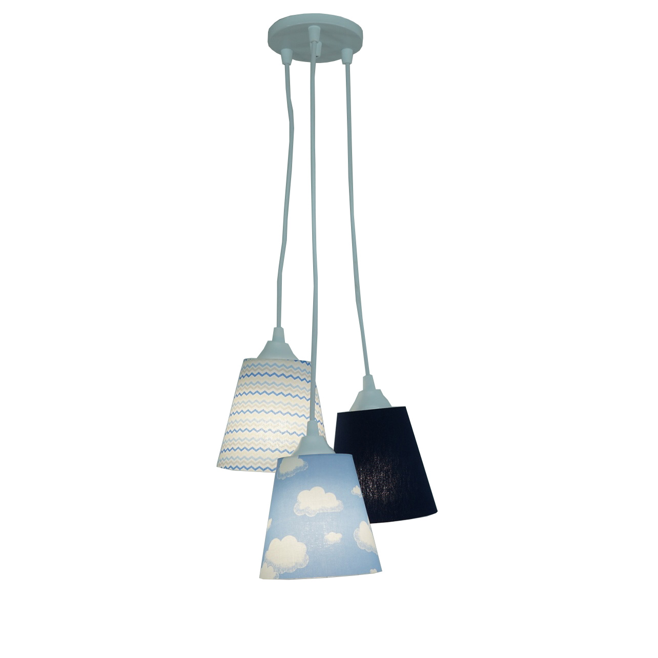 Lustre Pendente Infantil Nuvens e Chevron Tons de Azul e Branco