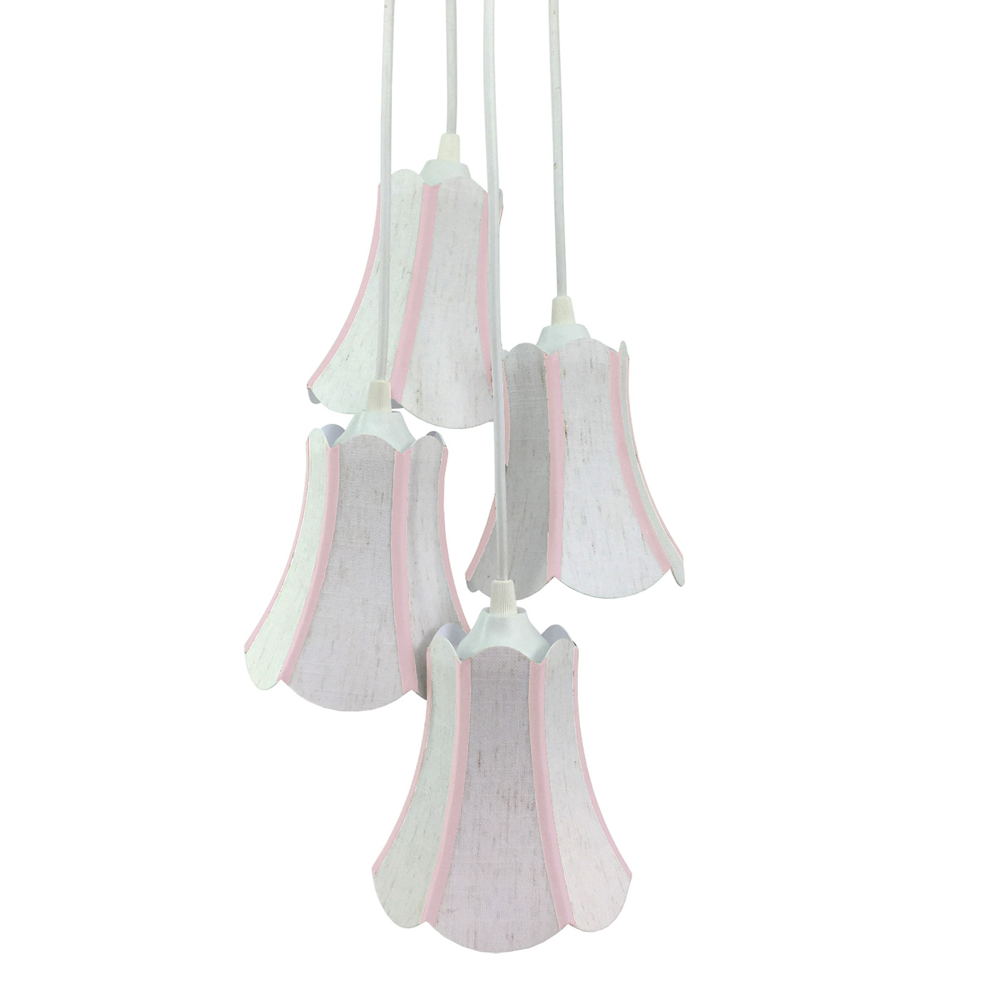 Lustre Pendente Luminária Cacho 4 Cúpulas Paris Linho com Detalhes em Rosa