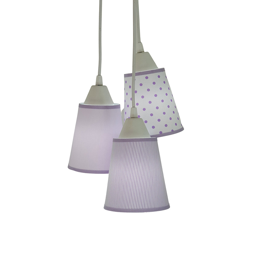Lustre Pendente Luminária Cacho Bebê Tecidos Lilás e Branco