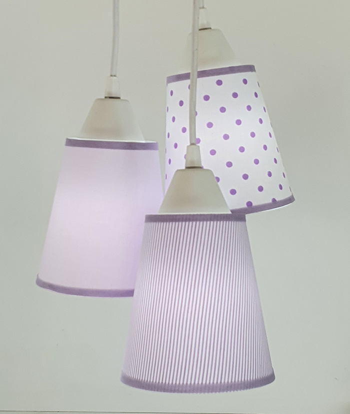 Lustre Pendente Luminária Cacho Bebê Tecidos Lilás e Branco