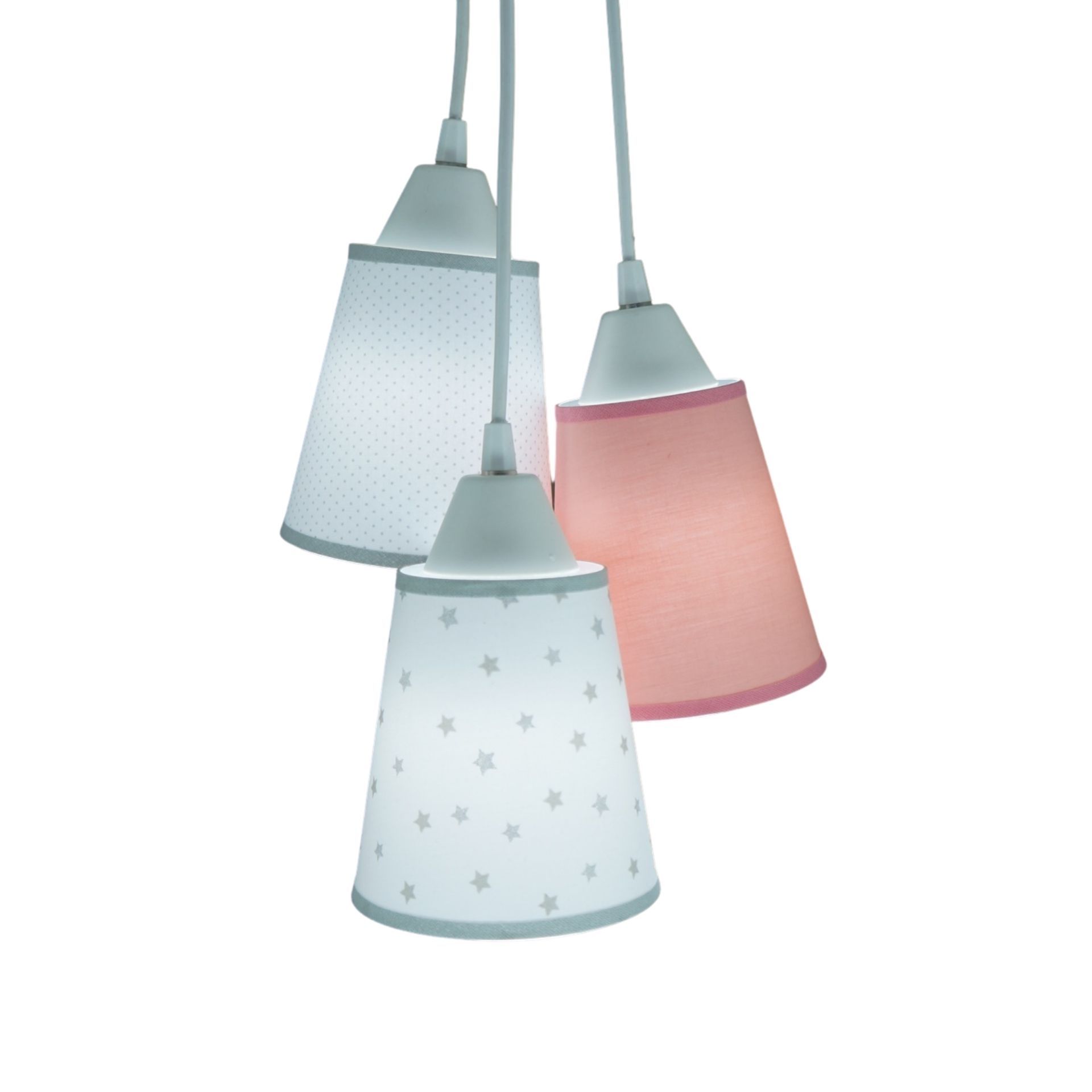 Lustre Pendente Luminária Cacho Estrelinhas Cinza, Rosa e Branco