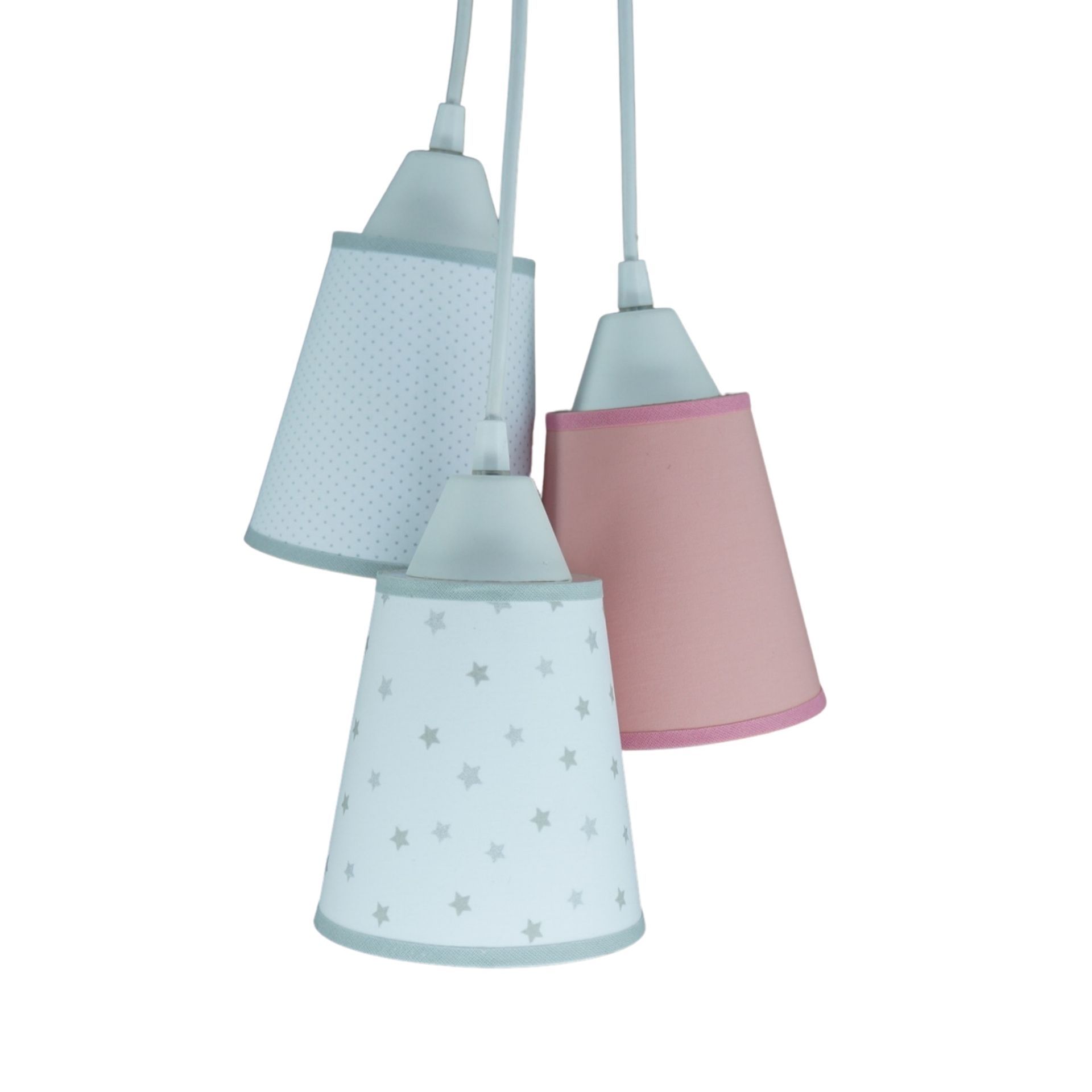 Lustre Pendente Luminária Cacho Estrelinhas Cinza, Rosa e Branco