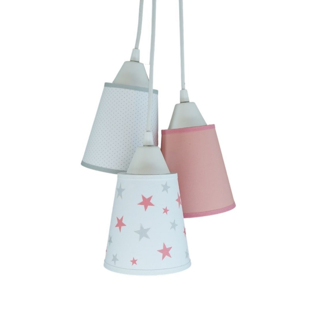 Lustre Pendente Luminária Cacho Estrelinhas Rosa, Cinza e Branco