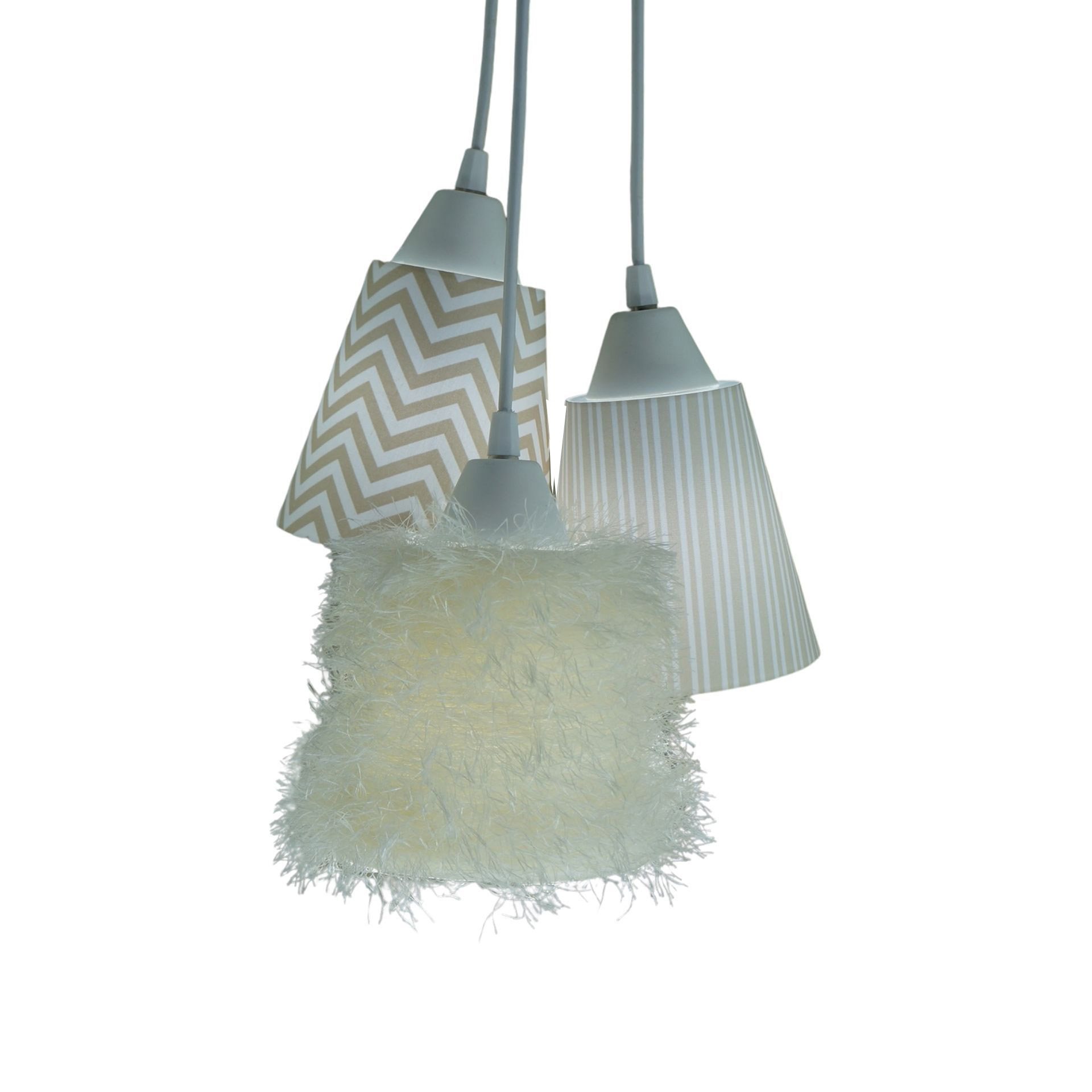 Lustre Pendente Luminária Cacho FruFru e Estampas em Tons de Bege