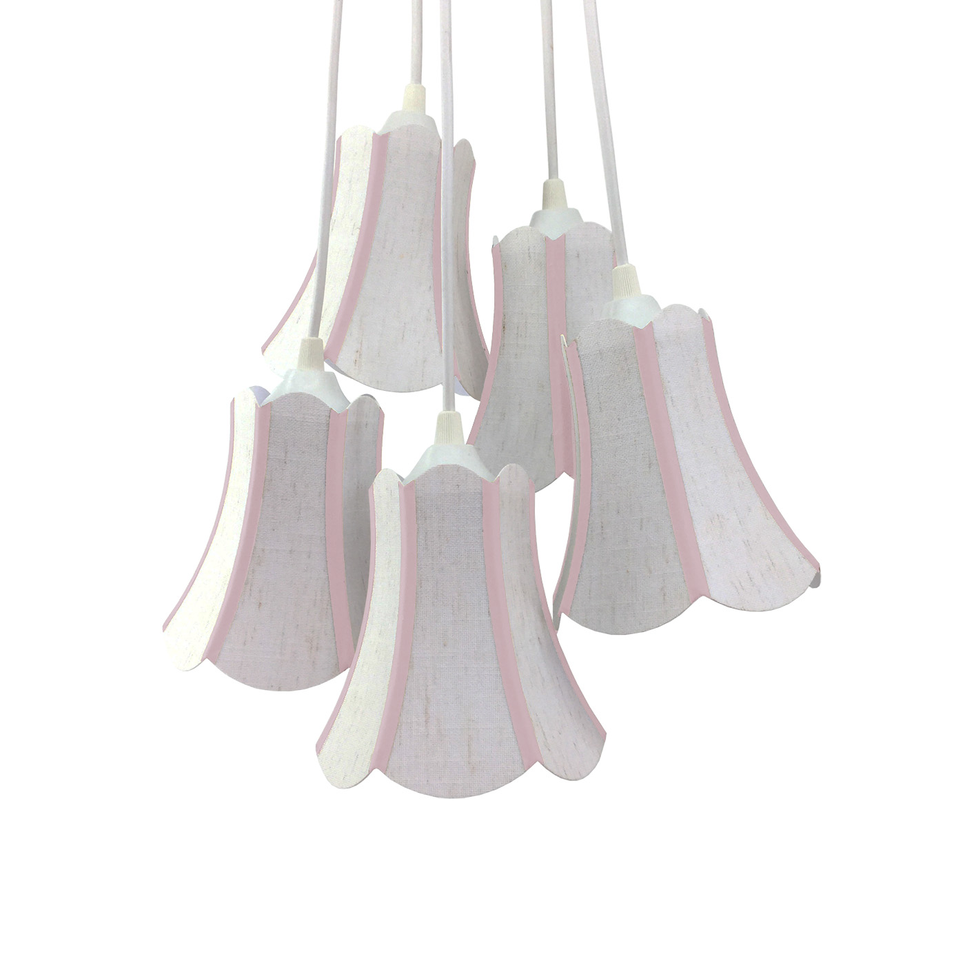 Lustre Pendente Luminária Cacho Paris Linho Branco e Detalhes em Rosa Claro