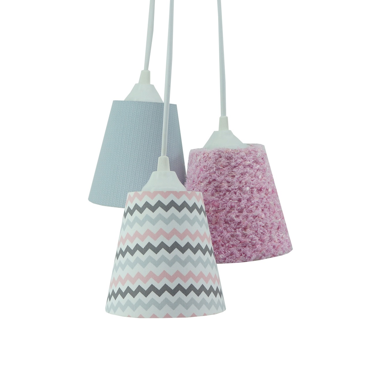 Lustre Pendente Luminária Cacho Rosa Frufru, Chevron e Cinza