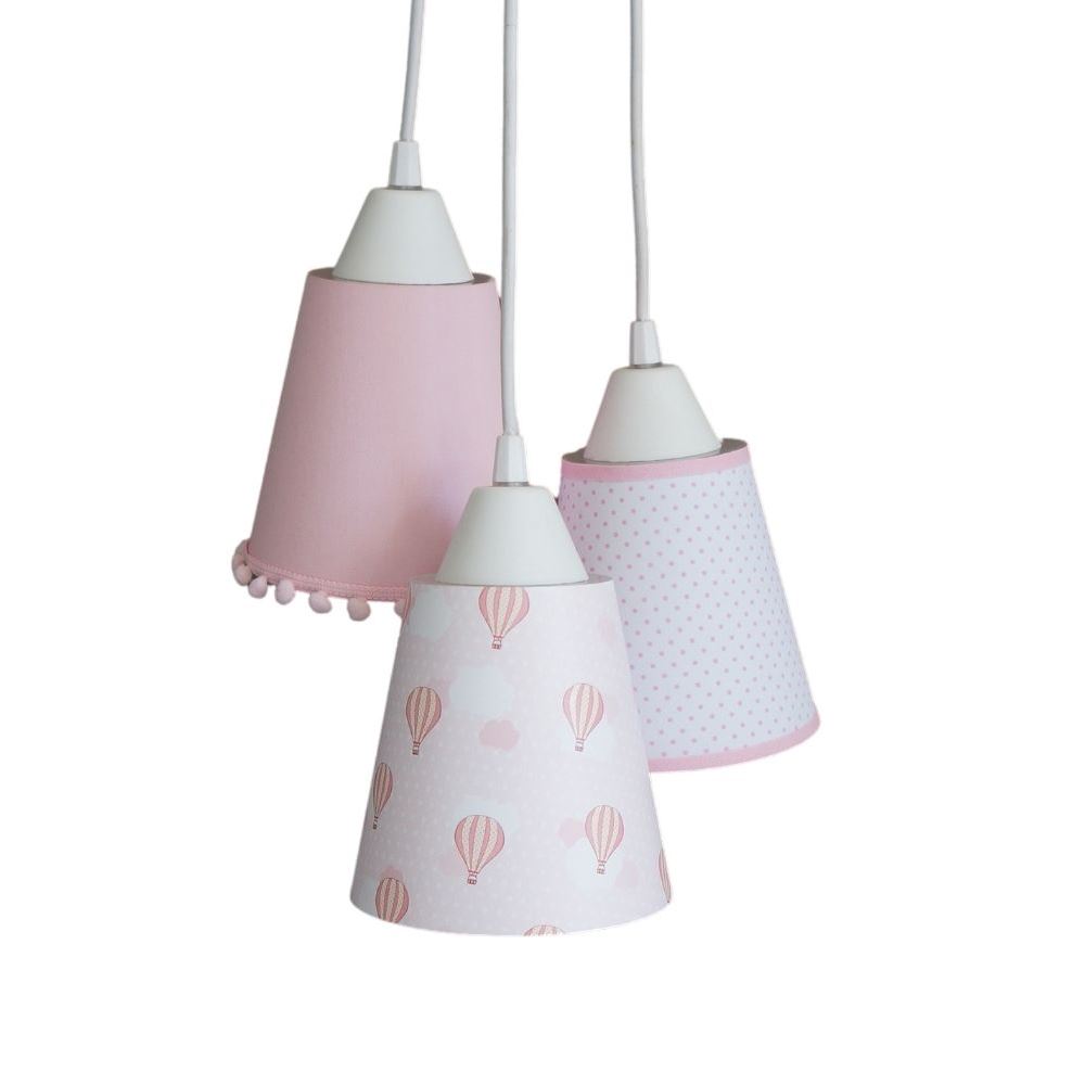 Lustre Pendente Luminária Cacho Tecido Nuvens e Pompons Rosa e Branco
