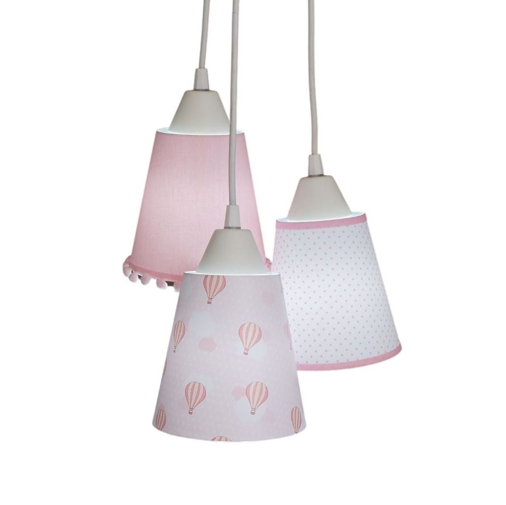 Lustre Pendente Luminária Cacho Tecido Nuvens e Pompons Rosa e Branco