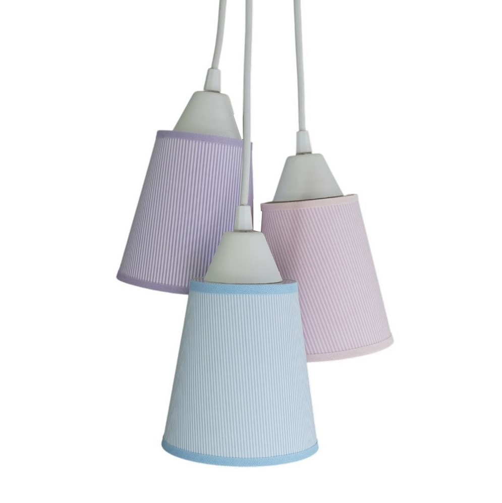 Lustre Pendente Luminária Cacho Tecidos Listrados Rosa, Azul e Lilás