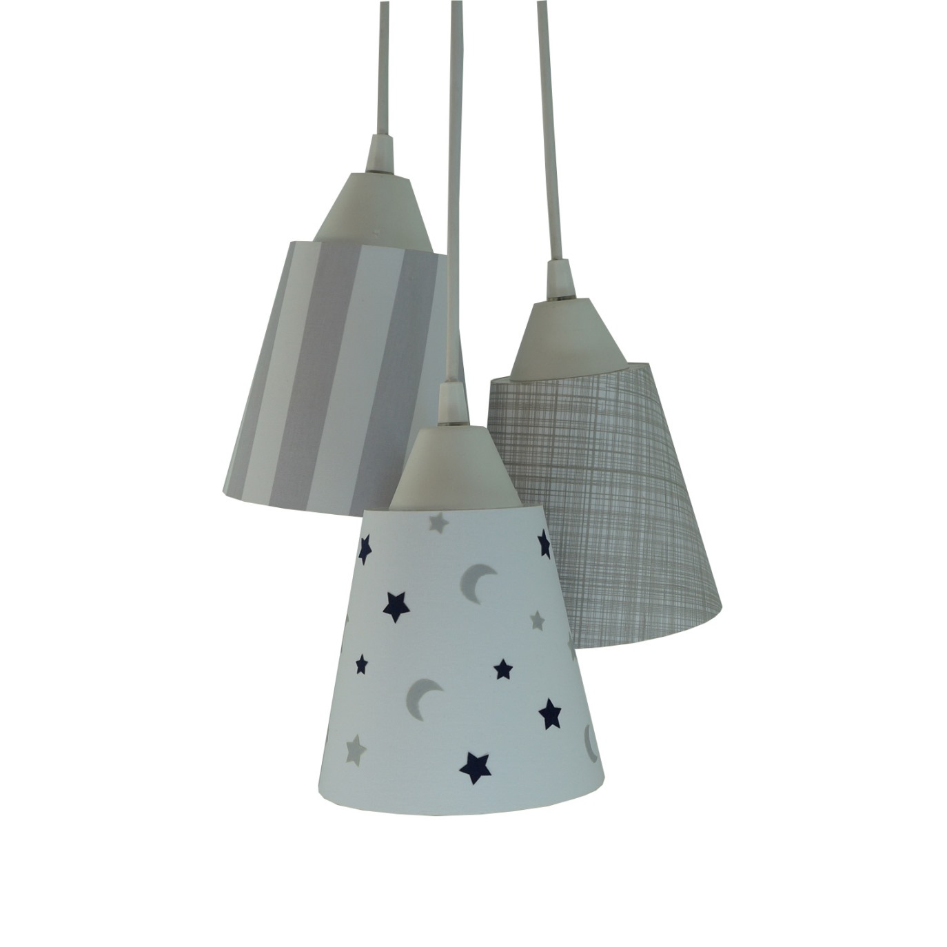 Lustre Pendente Luminária Estrelinhas e Luas Cinza, Branco e Azul Marinho