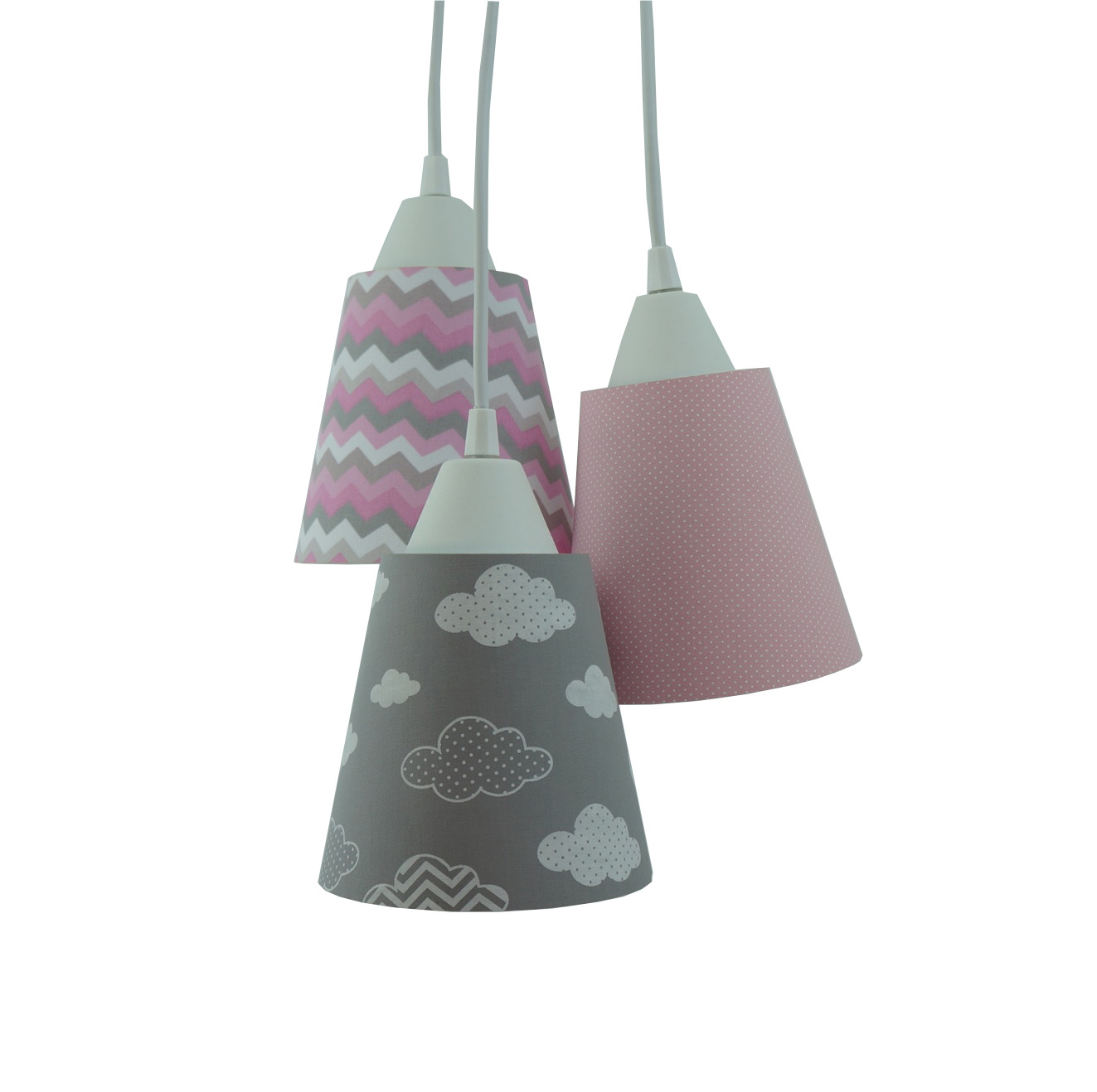 Lustre Pendente Luminária Nuvens e Chevron Cinza e Rosa