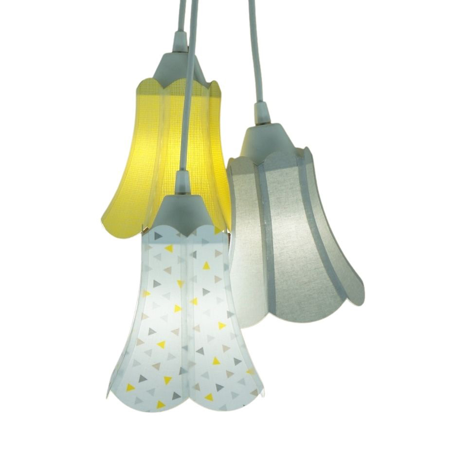 Lustre Pendente Luminária Paris com Tecidos Estampas Amarelas, Cinzas e Brancas