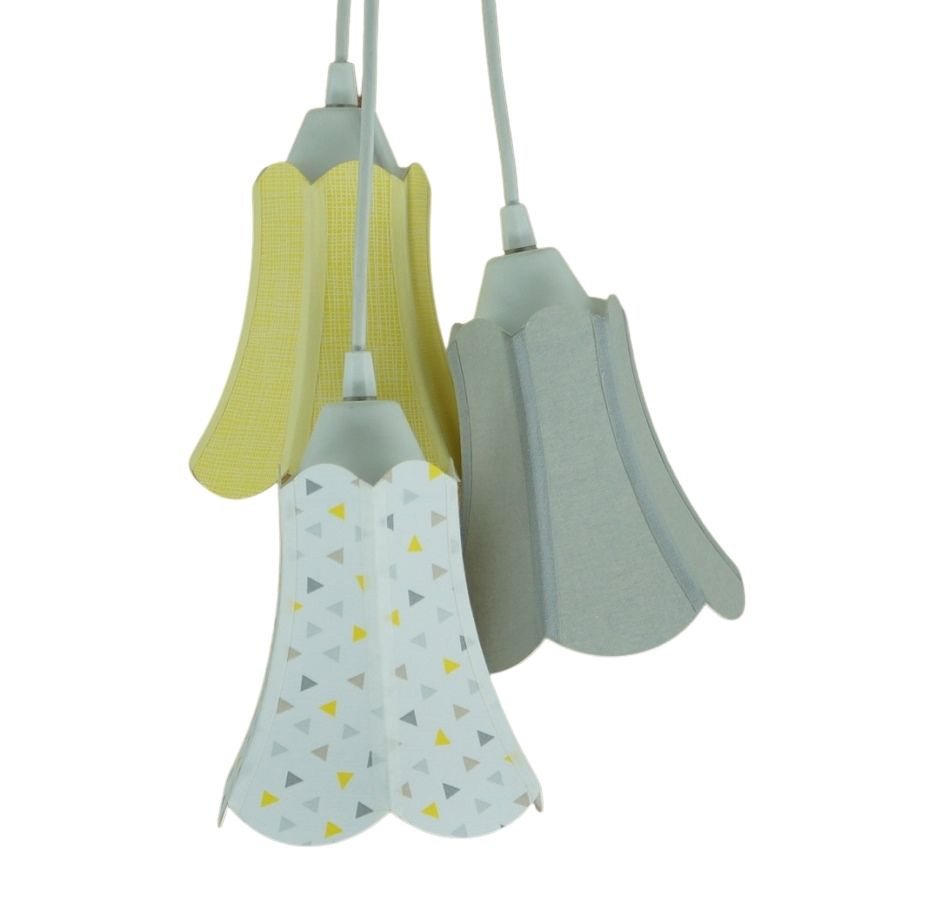 Lustre Pendente Luminária Paris com Tecidos Estampas Amarelas, Cinzas e Brancas