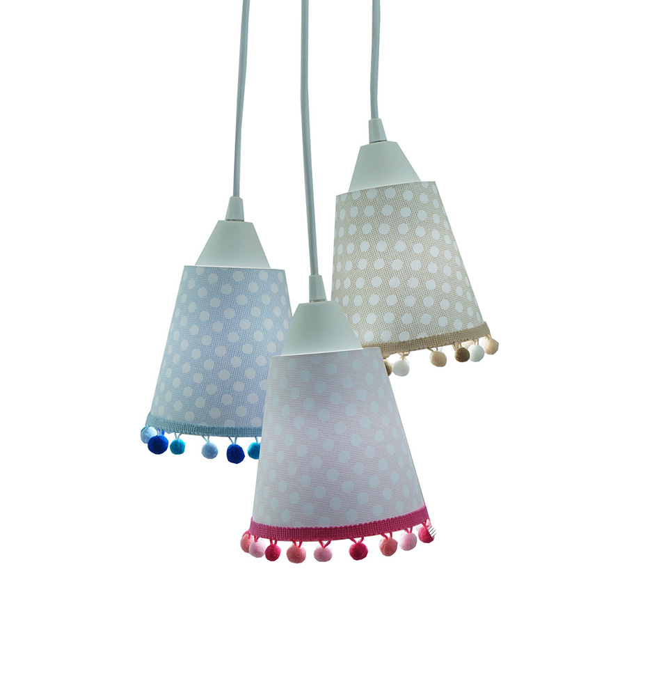 Lustre Pendente Luminária Quarto Bebê Cacho Pompons Rosa, Azul e Bege