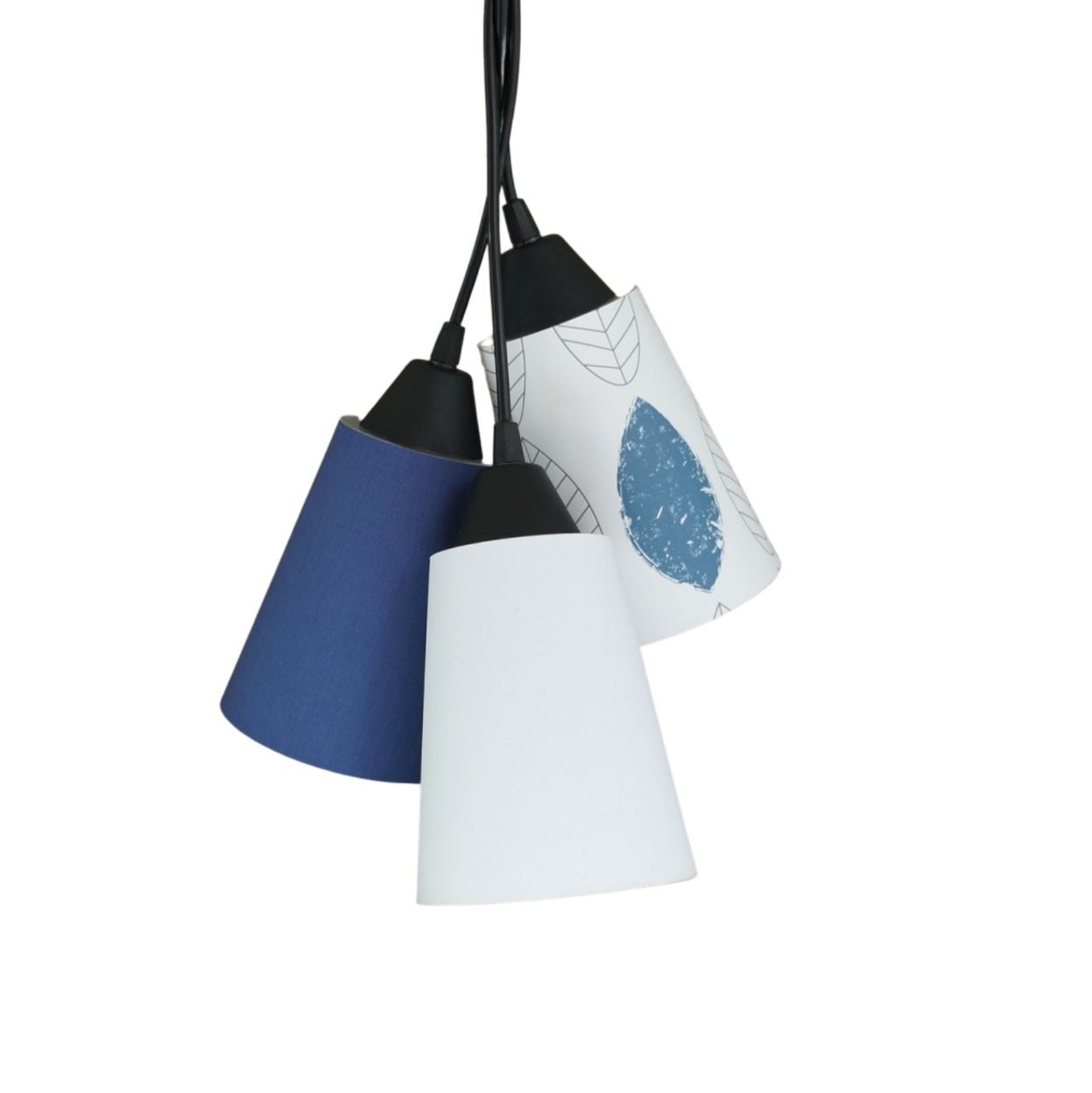 Lustre Pendente Luminária Sala Tecidos Estampa Folhas Azul e Branco