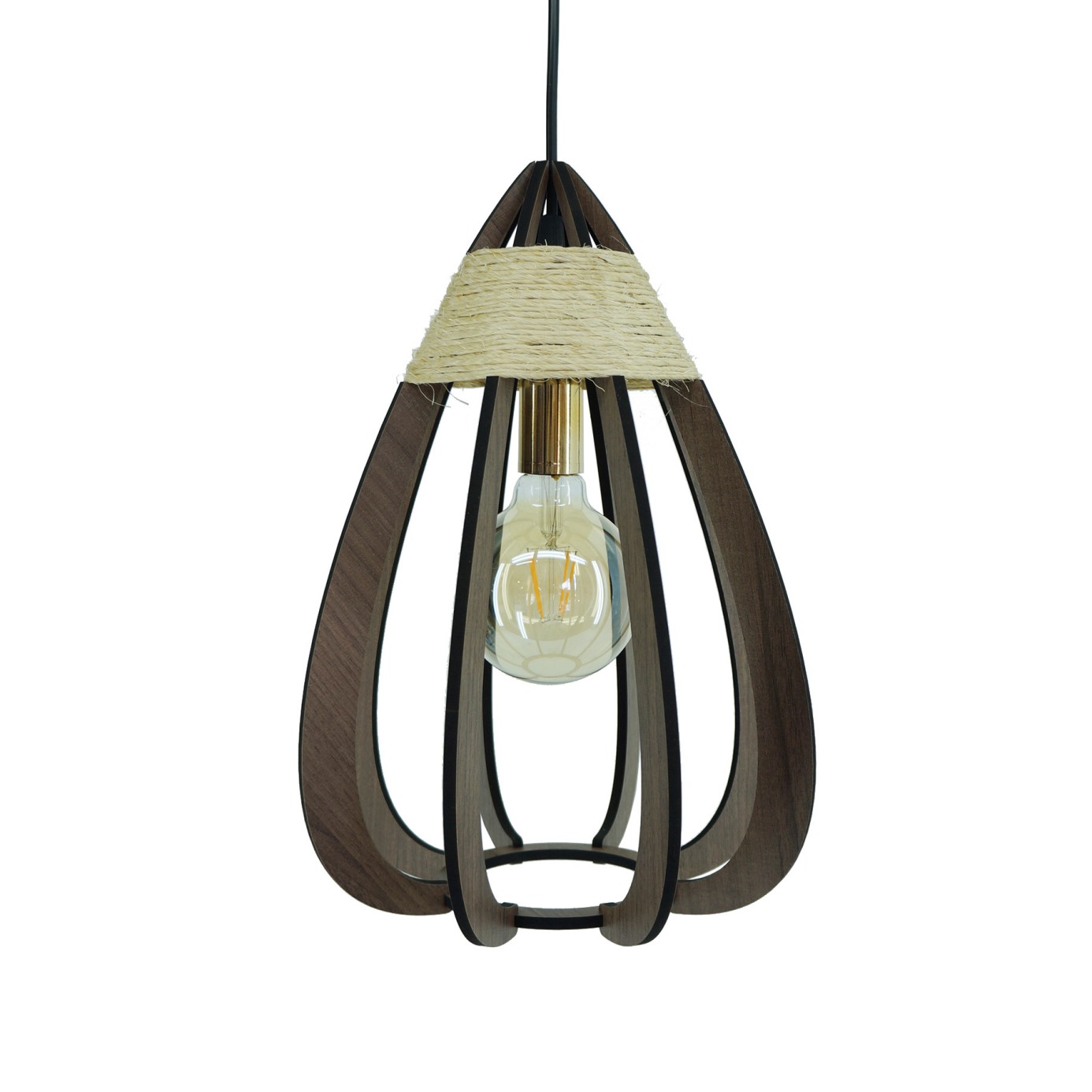 Lustre Pendente Luminária Sisal e Madeira Gota Marrom