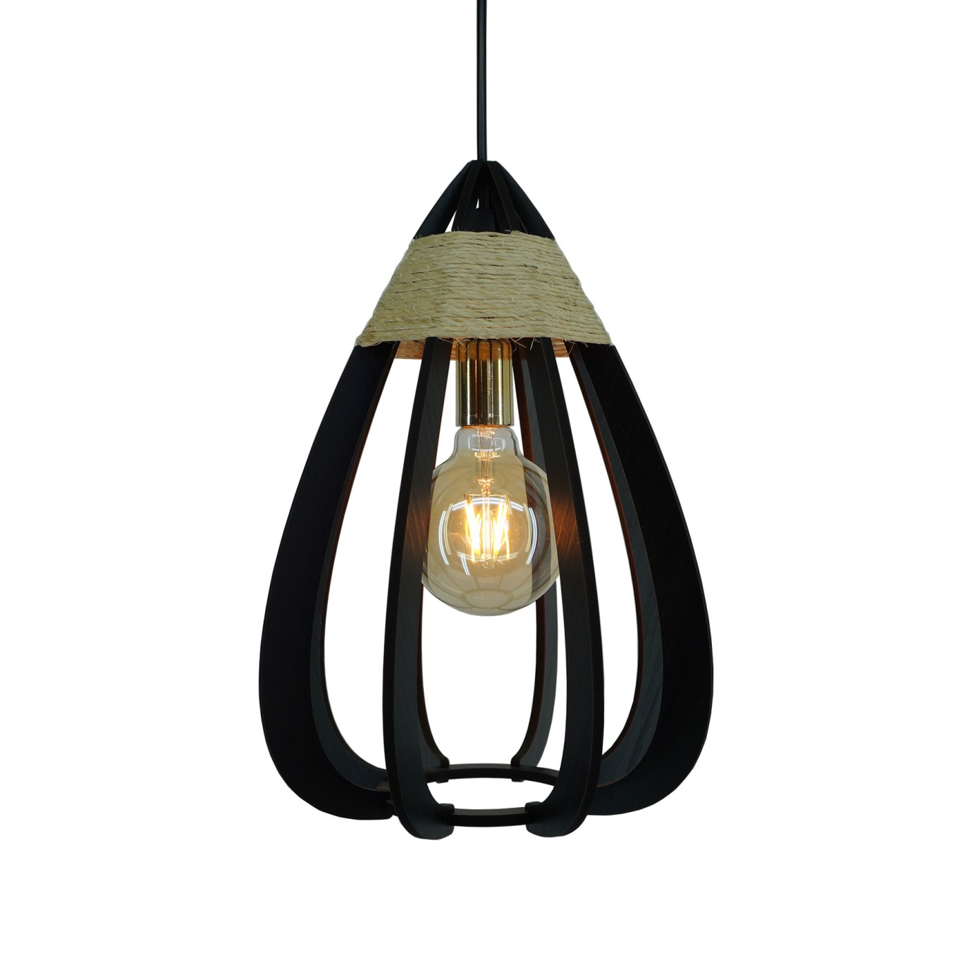 Lustre Pendente Luminária Sisal e Madeira Preto