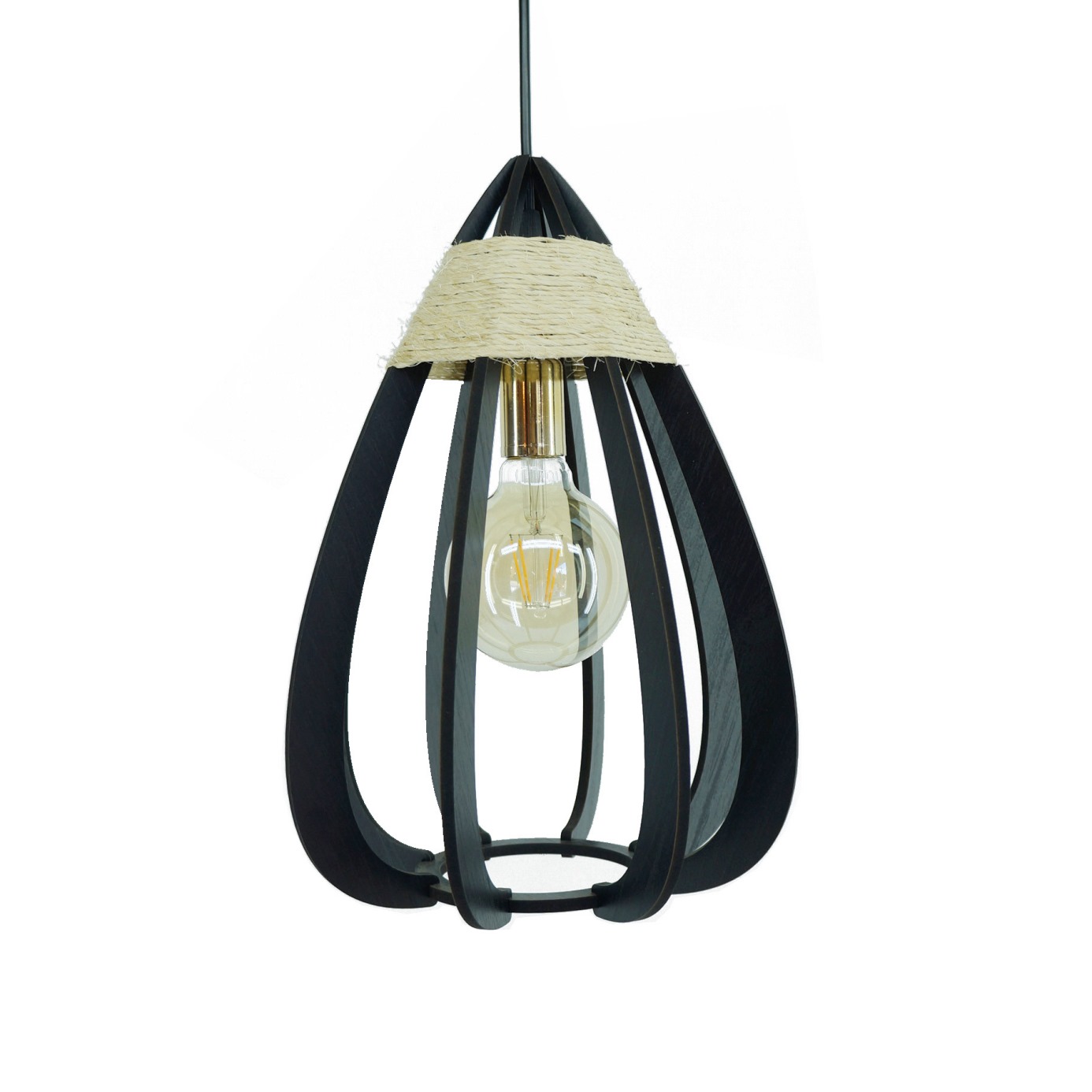 Lustre Pendente Luminária Sisal e Madeira Preto