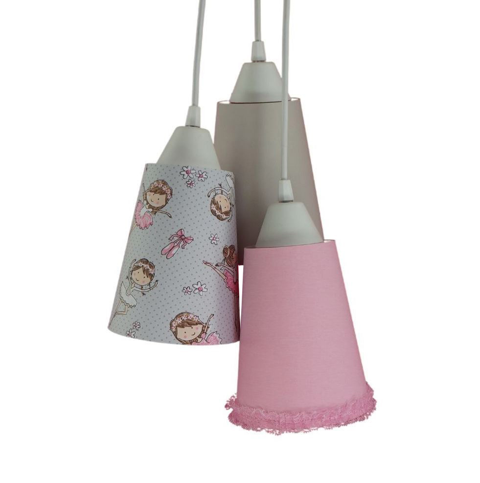Lustre Pendente Luminária Tecido Bailarina e Frufru Rosa e Cinza