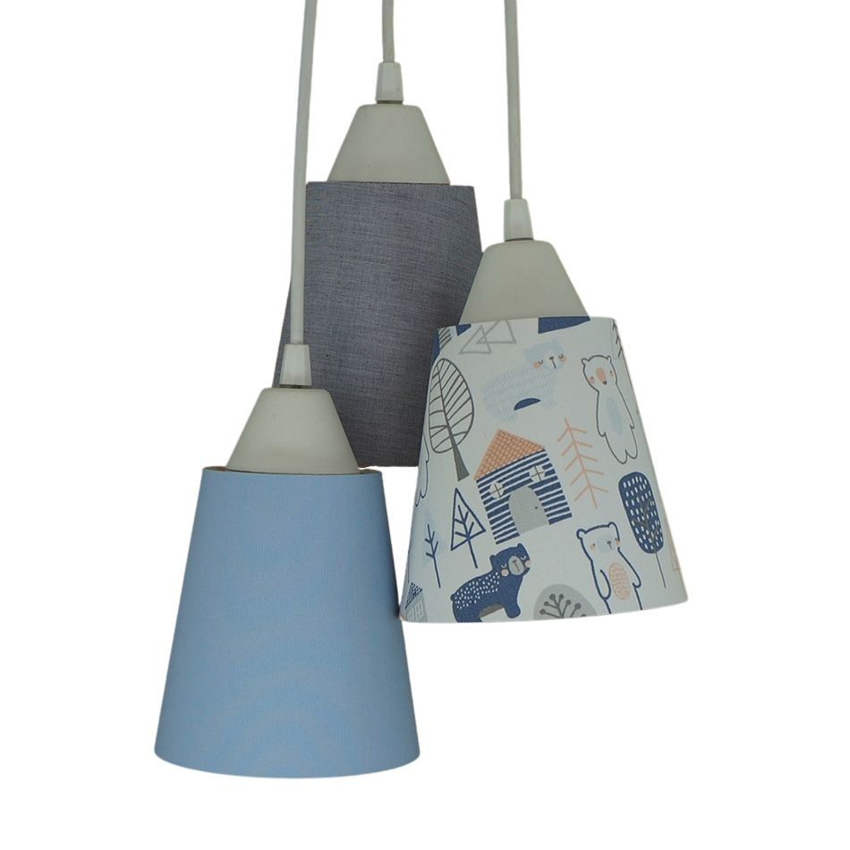 Lustre Pendente Luminária Tecido Quarto de Bebê Nórdico Tons de Azul, Cinza e Branco