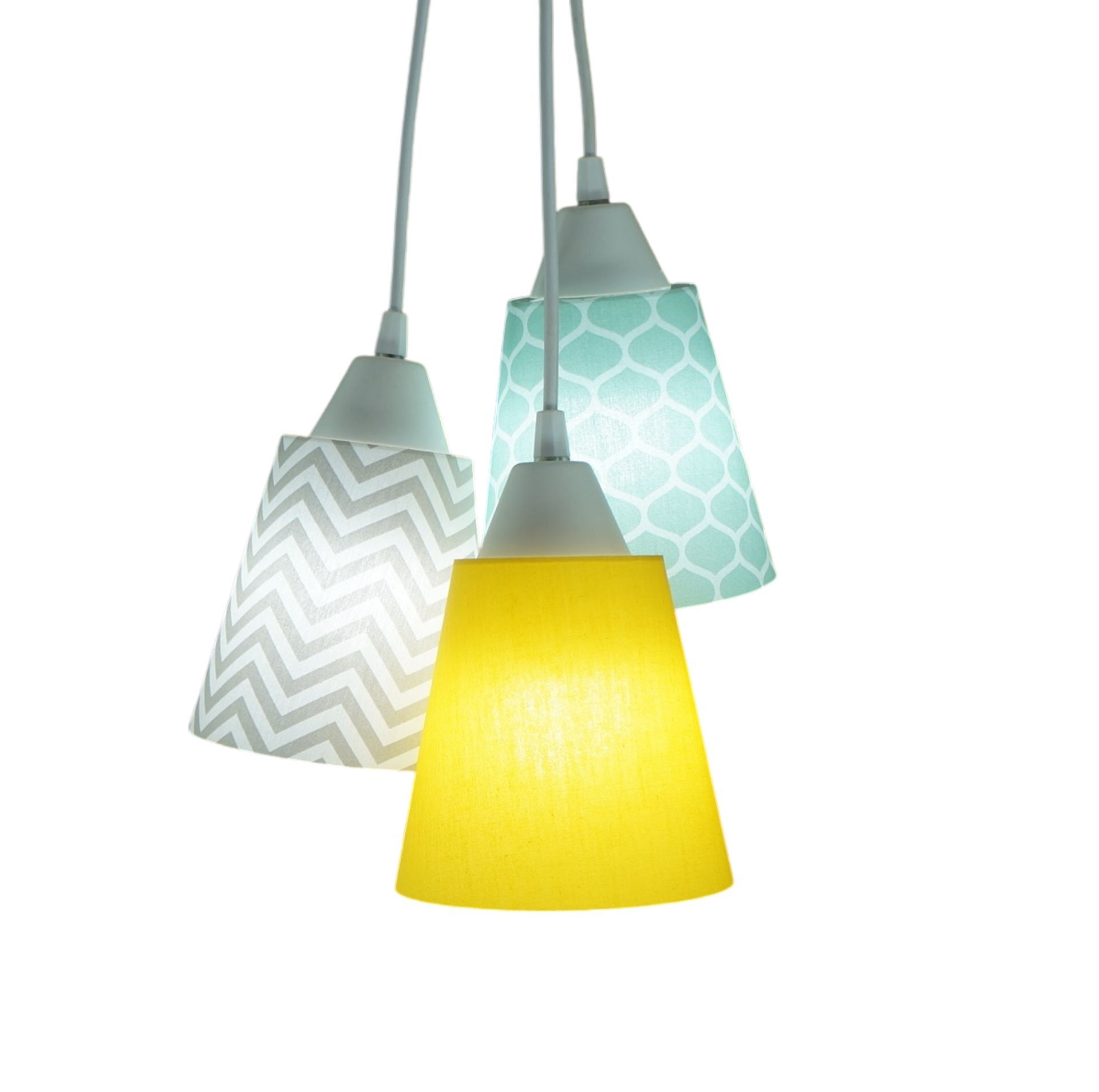 Lustre Pendente Luminária Tecidos Colmeia Verde, Chevron Cinza e Amarelo Liso