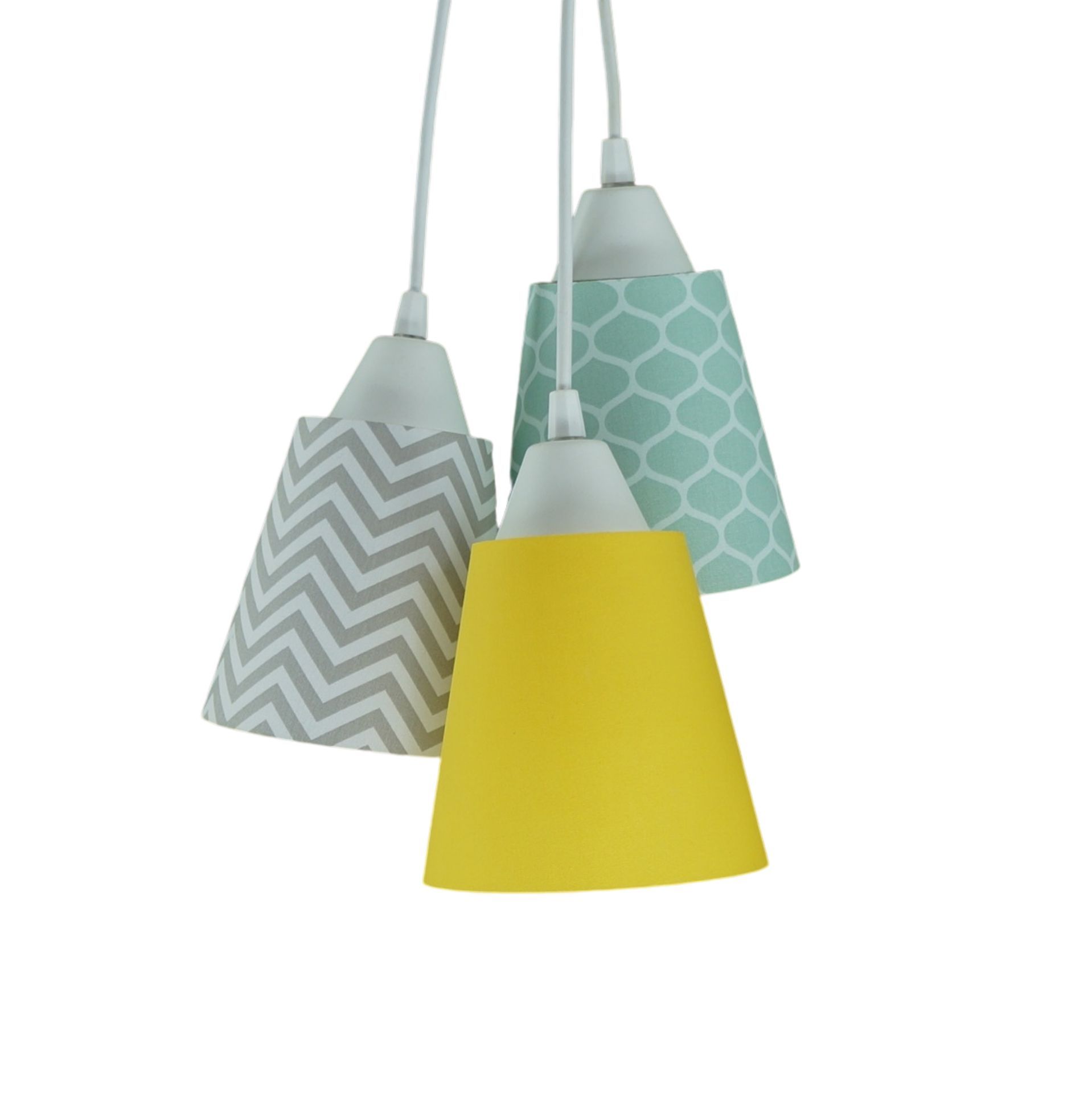 Lustre Pendente Luminária Tecidos Colmeia Verde, Chevron Cinza e Amarelo Liso