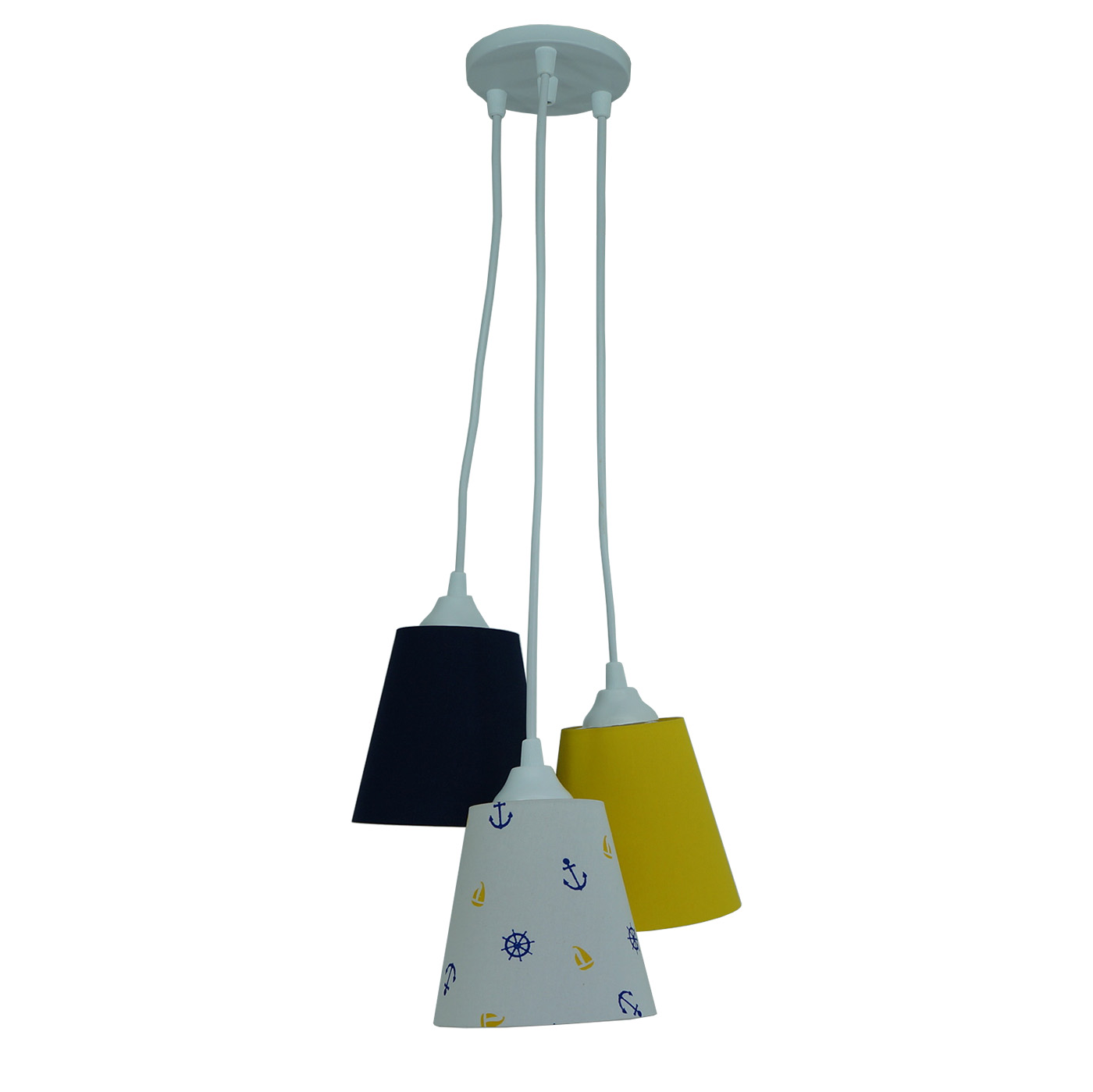 Lustre Pendente Náutico 3 Cúpulas Azul Marinho e Amarelo