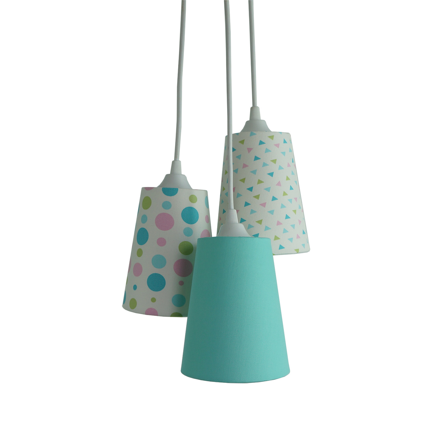 Lustre Pendente Poás e Triângulos 3 Cúpulas Verde e Rosa