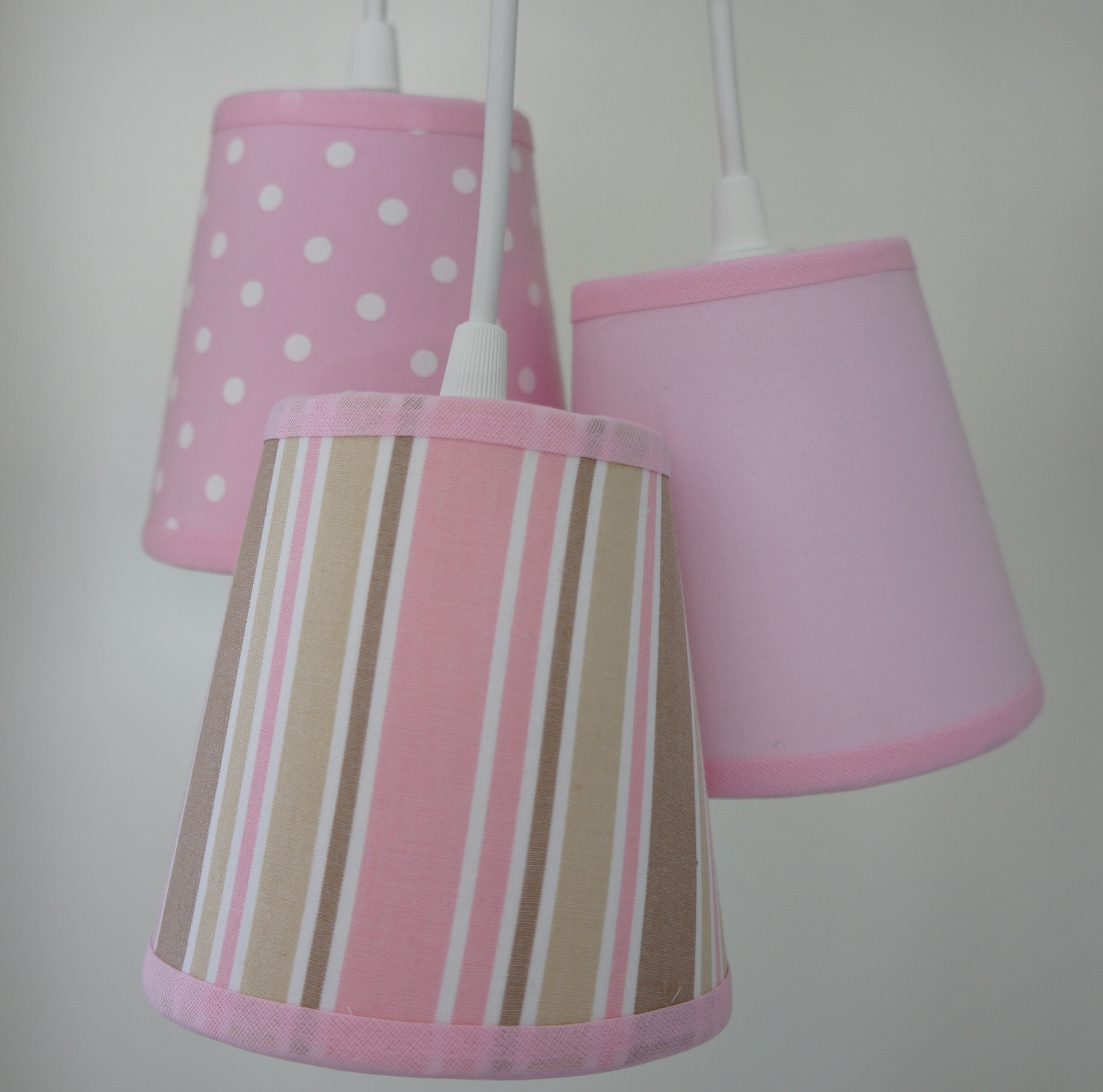 Lustre Pendente Tecido Poá e Listras Menina Rosa e Bege