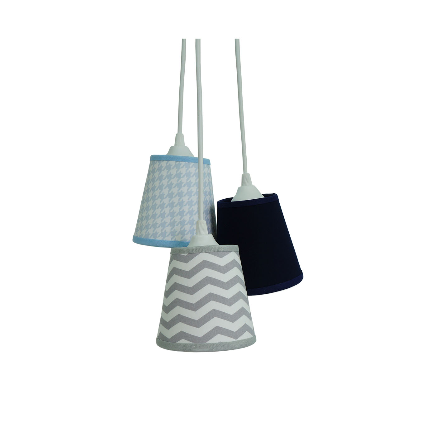 Lustre Pendente Triplo Bebê Chevron Cinza, Azul Marinho e Pied Poule Azul