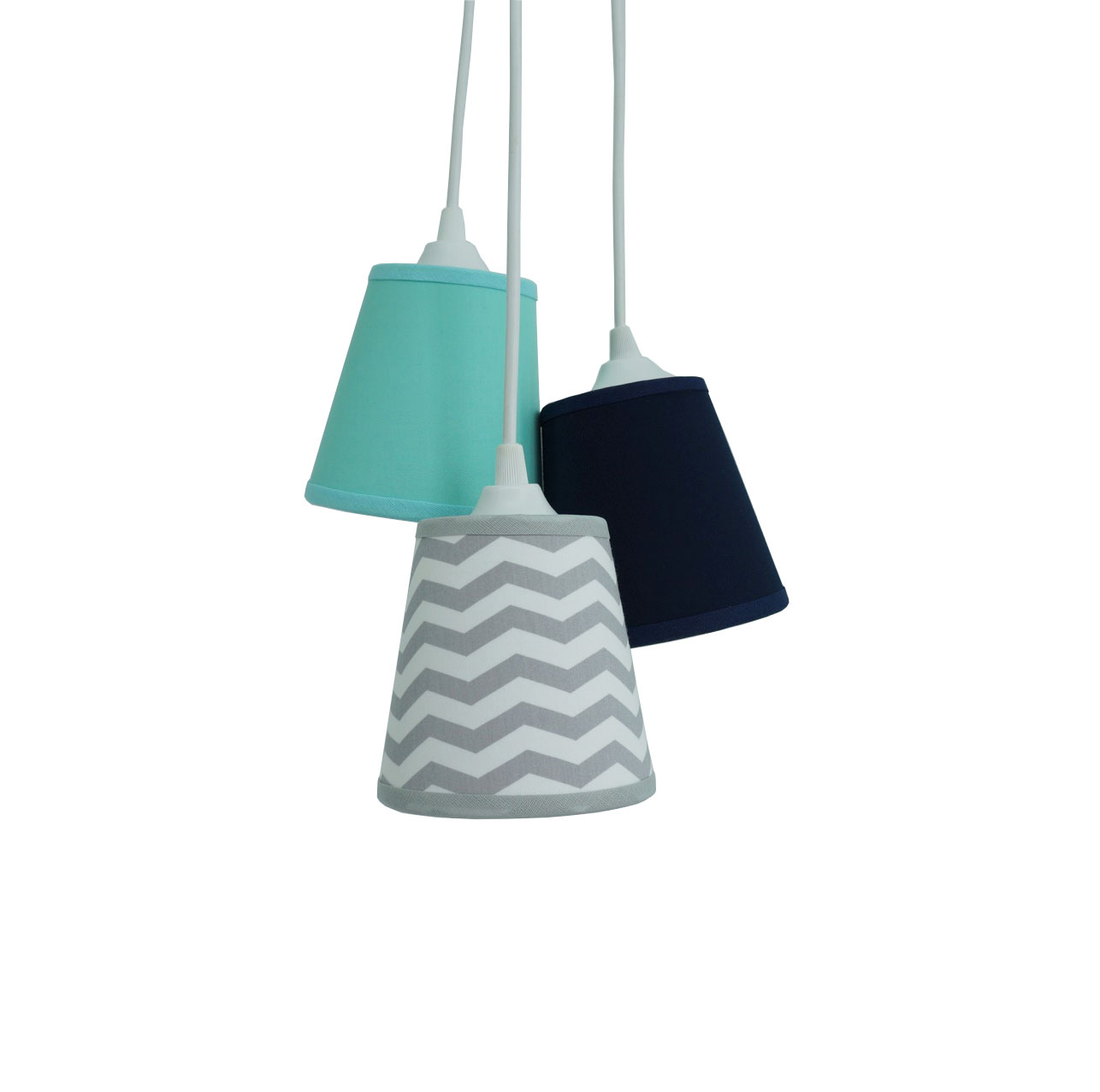Lustre Pendente Triplo Bebê Chevron Cinza, Azul Marinho e Verde