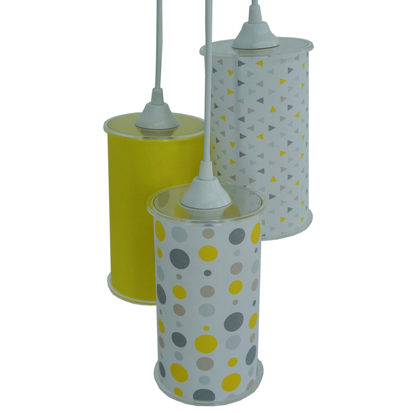 Lustre Pendente Triplo Cilíndrico em Tecido Amarelo e Cinza