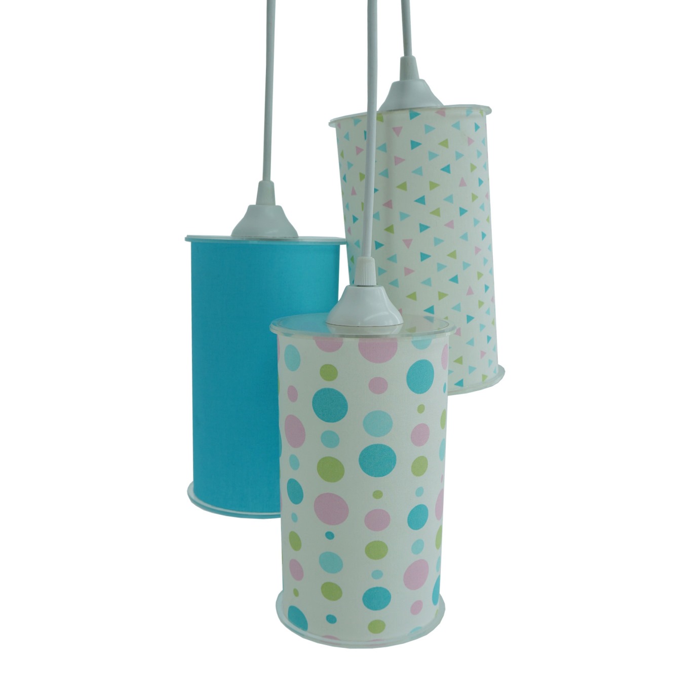 Lustre Pendente Triplo Cilíndrico em Tecido Azul, Verde e Rosa