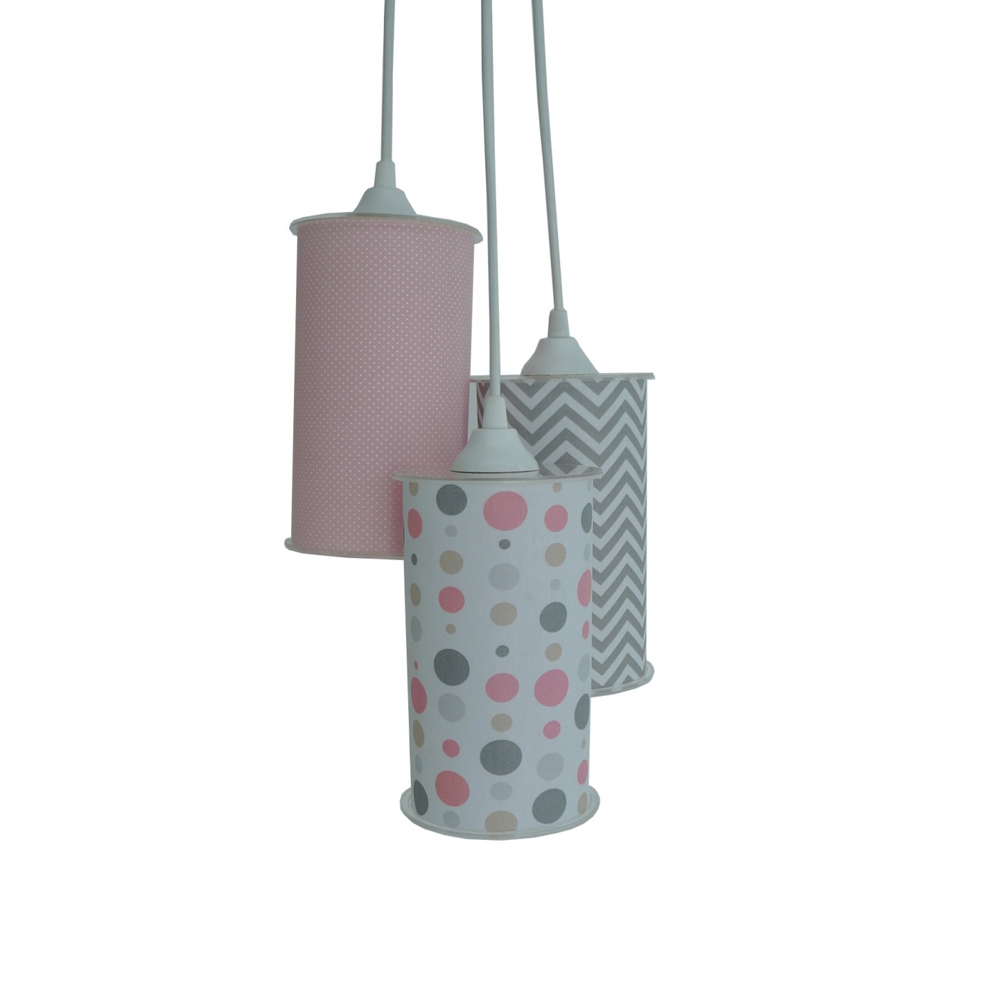 Lustre Pendente Triplo em Tecido Chevron e Poás Cinza e Rosa