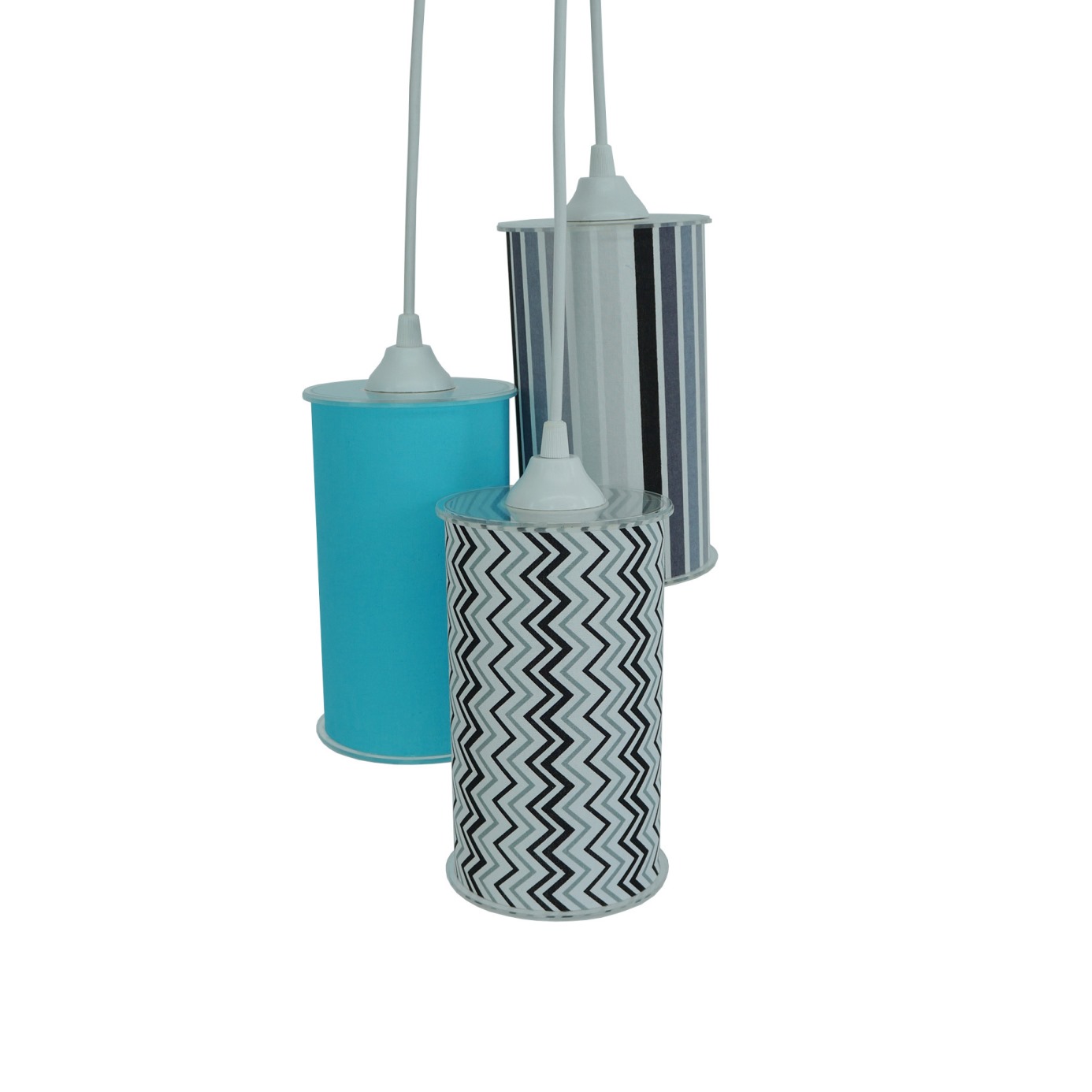 Lustre Pendente Triplo em Tecido Zig Zag Cinza, Preto e Azul
