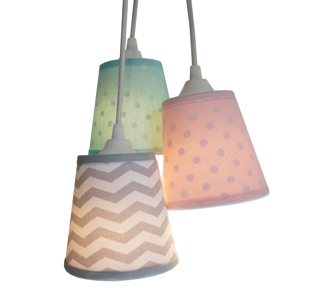 Lustre Triplo Poás e Chevron Cinza, Rosa e Verde