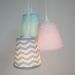 Lustre Triplo Poás e Chevron Cinza, Rosa e Verde