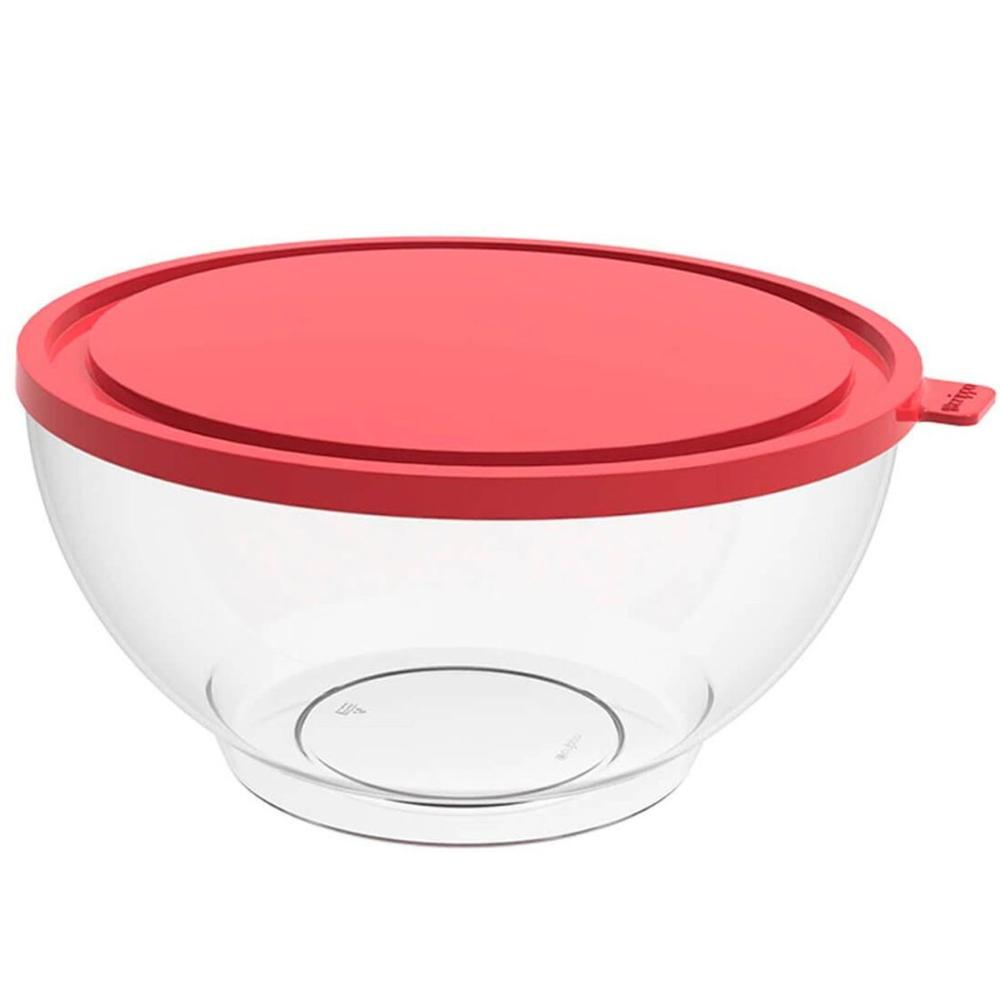 4 Potes com Tampa 3,1L Redondo Hermético Bacia Alimentos Frutas Transparente e Vermelho Crippa