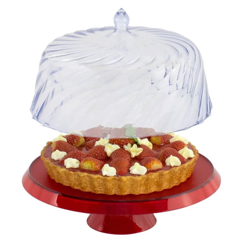 Boleira Porta Bolo com Cúpula e Pé 25cm Vermelho Transparente Glassy Crippa Doces
