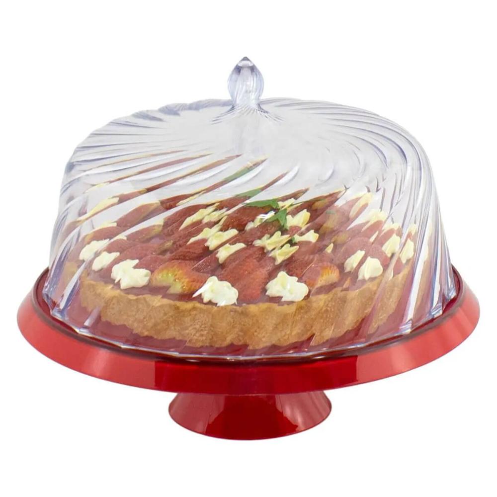 Boleira Porta Bolo com Cúpula e Pé 25cm Vermelho Transparente Glassy Crippa Doces