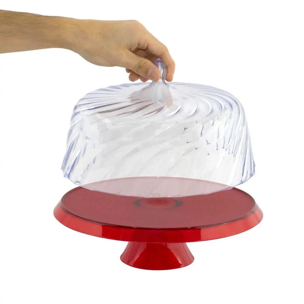 Boleira Porta Bolo com Cúpula e Pé 25cm Vermelho Transparente Glassy Crippa Doces