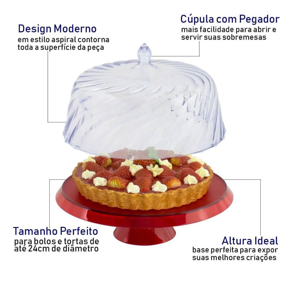 Boleira Porta Bolo com Cúpula e Pé 25cm Vermelho Transparente Glassy Crippa Doces