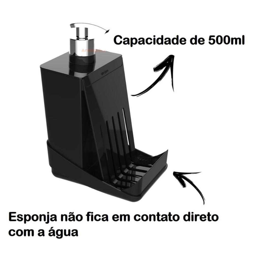 Porta Detergente Preto com Suporte para Esponja Smart S Crippa Dispenser para Pia Cozinha