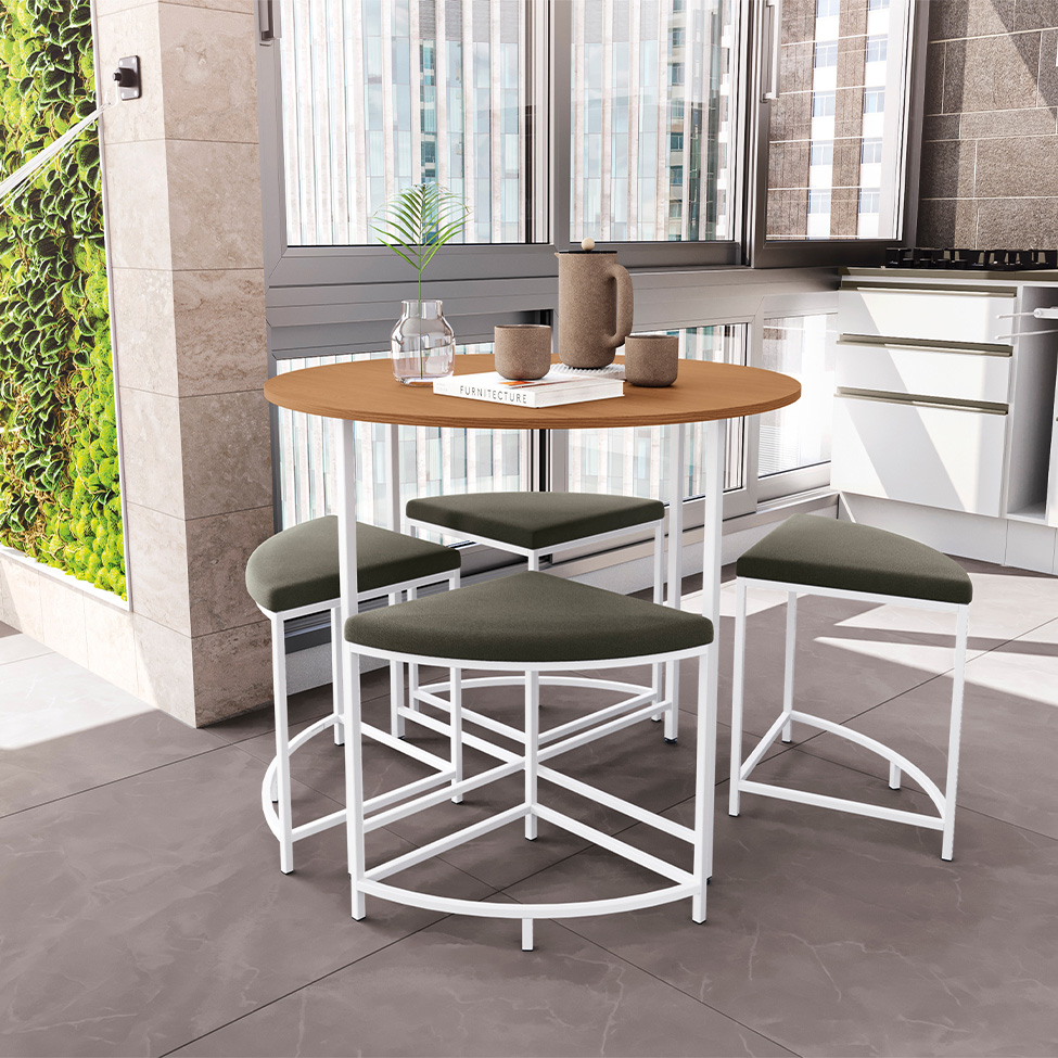 Conjunto de Mesa de Cozinha com 4 Bancos Goya Canela e Branco