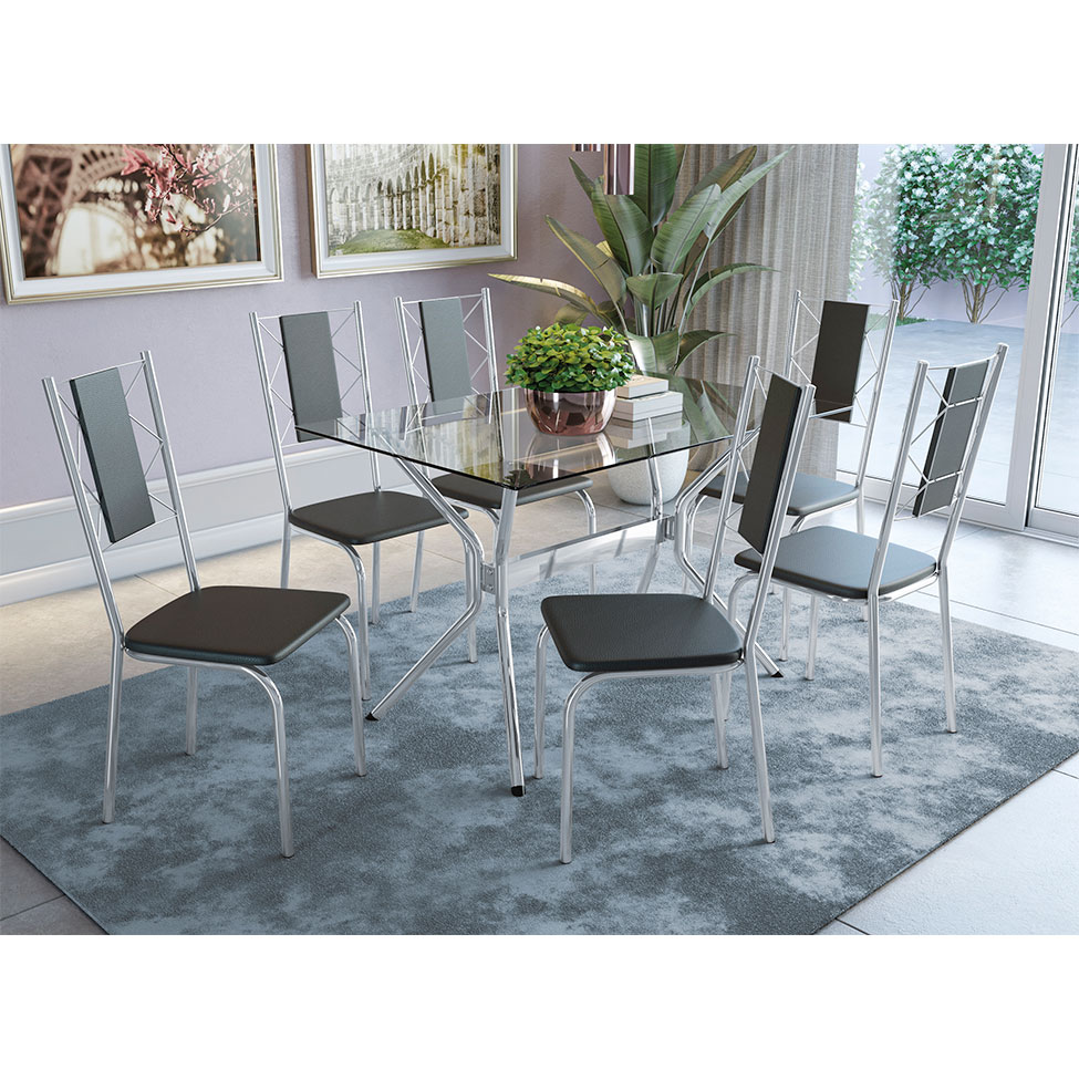Conjunto de Mesa de Cozinha com 6 Cadeiras Bianca Preto e Cromado