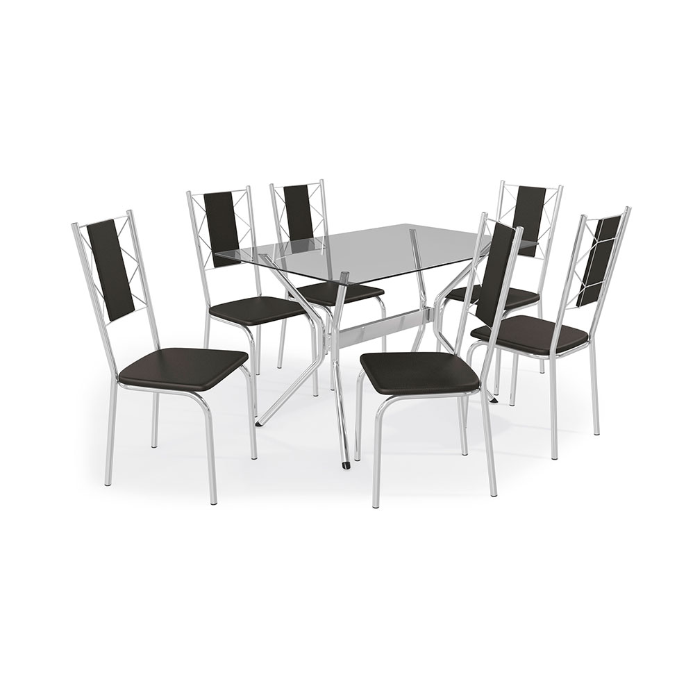 Conjunto de Mesa de Cozinha com 6 Cadeiras Bianca Preto e Cromado