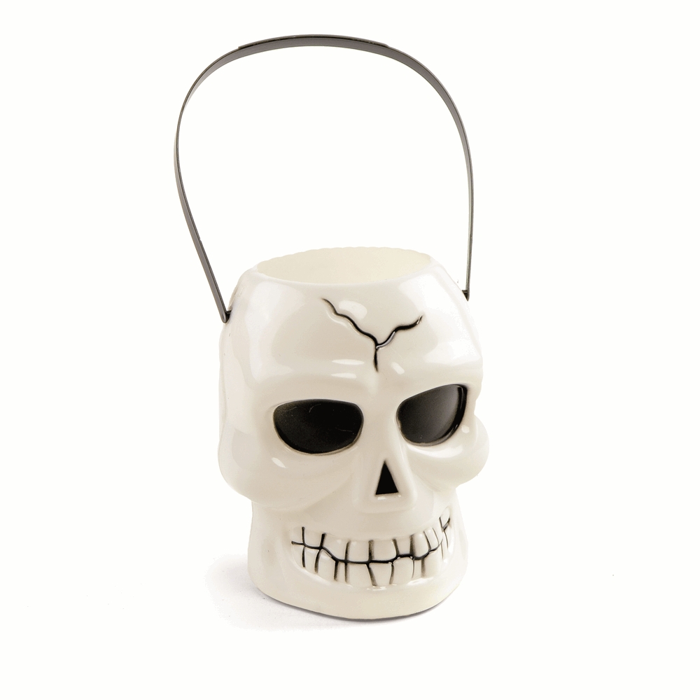 Balde Halloween de Plástico Crânio com Alça Branco 12x14x16